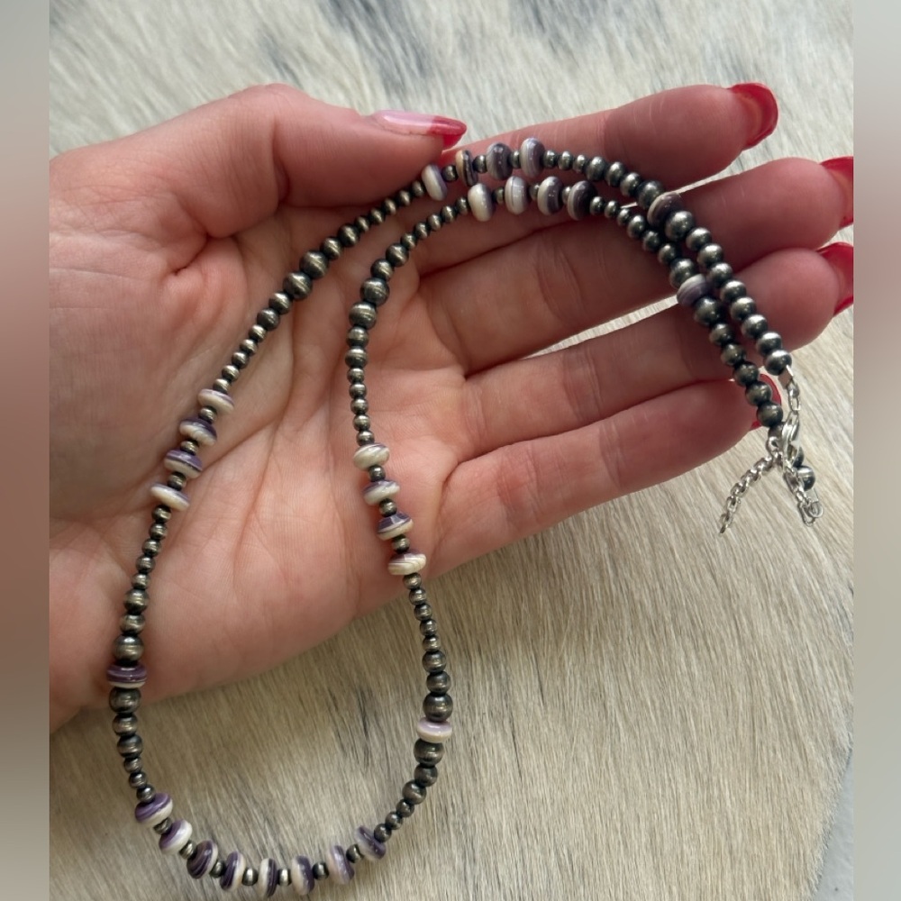 Native American Sterling Silver Navajo Pearl 6mm Purple Wampum Shell Necklace 18